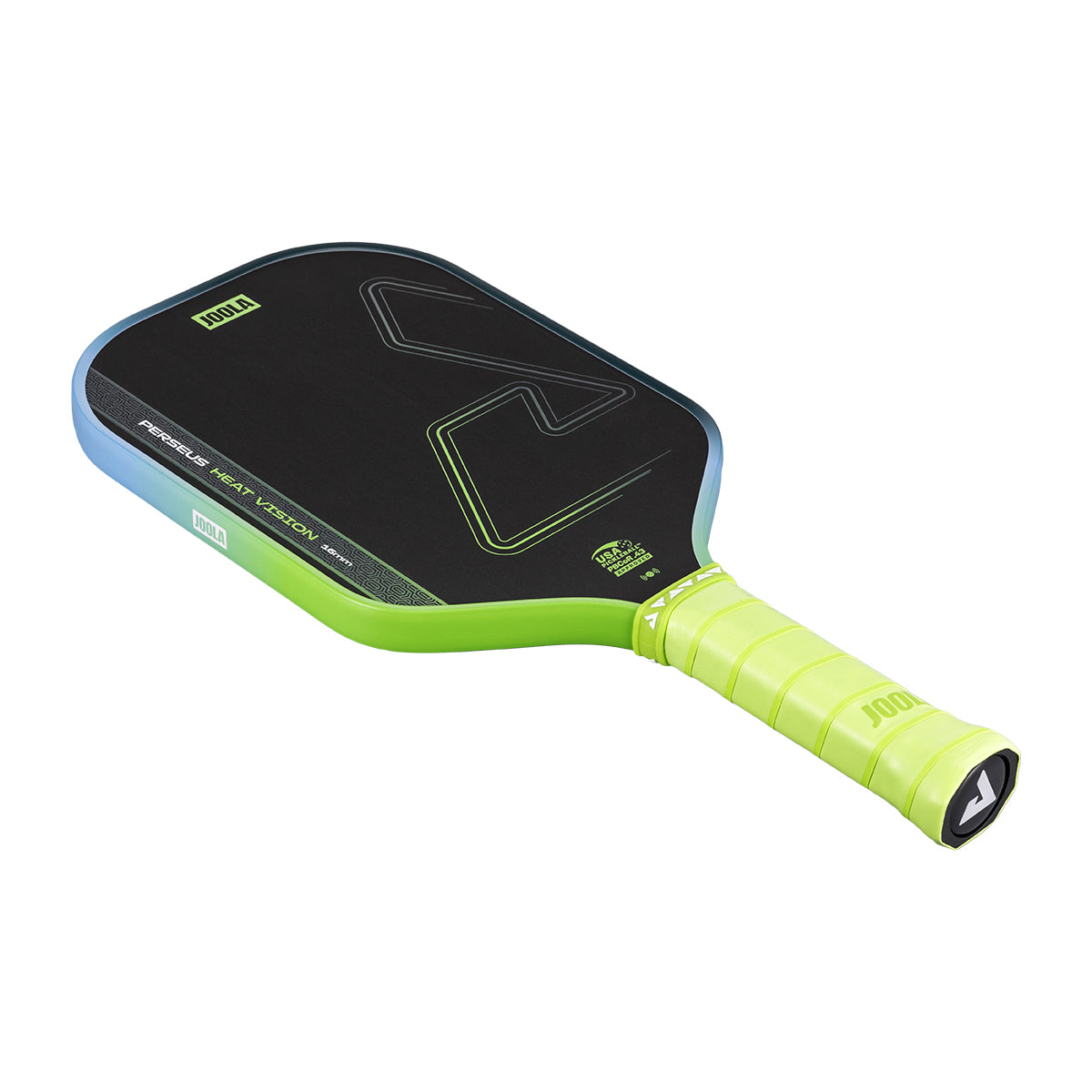 JOOLA Perseus Heat Vision 16mm Pickleball Paddle - Charge Surge Green - face and grip detail